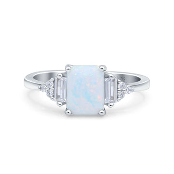 Emerald Cut Art Deco Wedding Engagement Ring Baguette Lab Created White Opal 925 Sterling Silver